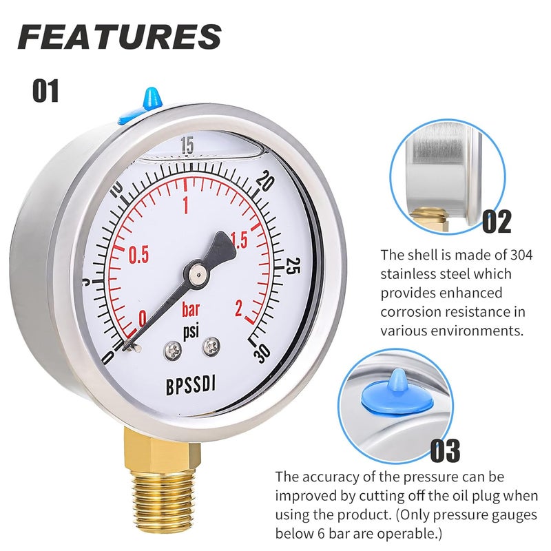BPSSDI 0-30 Psi Glycerin Liquid Filled Low Pressure Gauge, 2.5" Dial Size, 1/4" NPT Lower Mount, 304 Stainless Steel Case, for Water Pipe, HVAC, Water Oil Air Pressure Test - Image 4